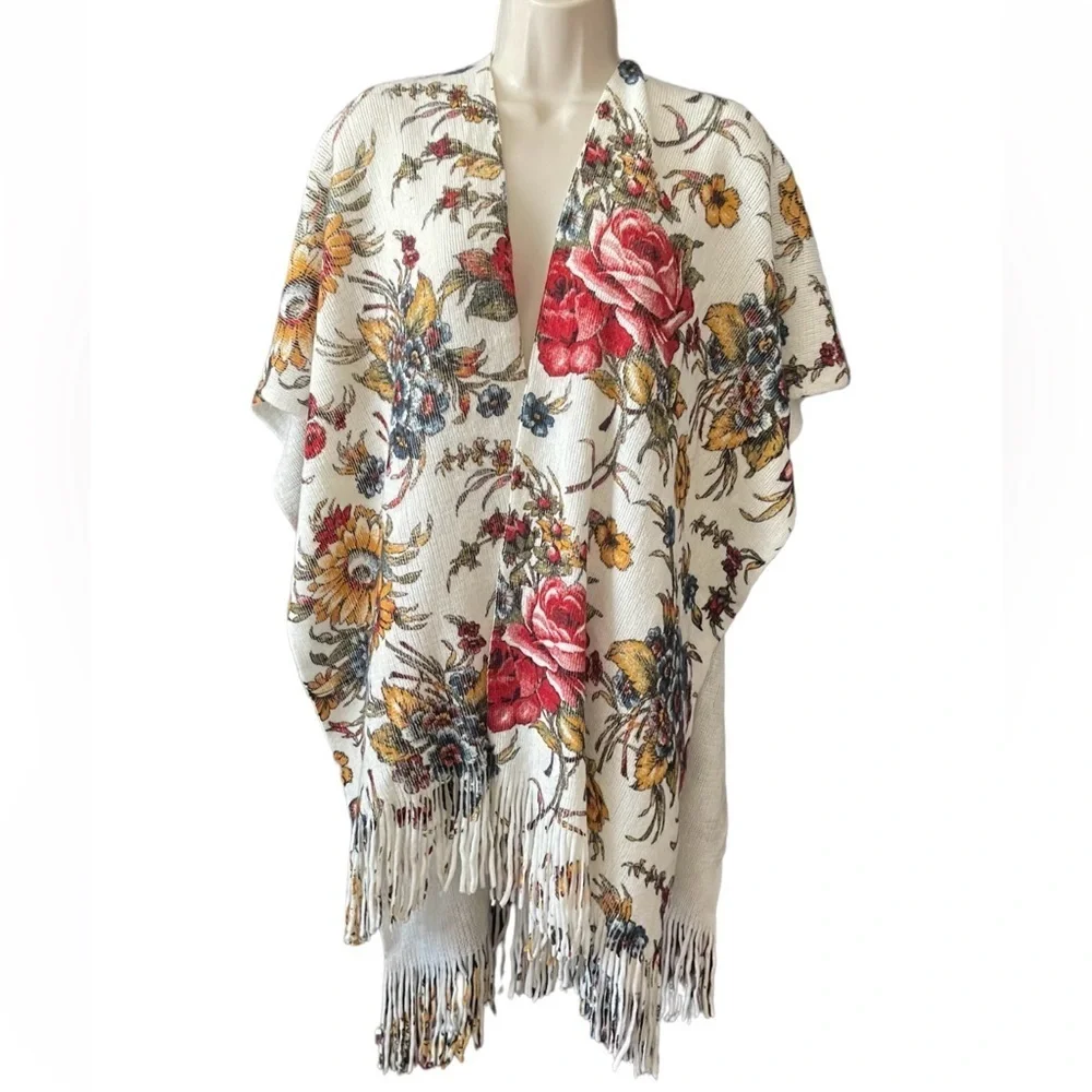 EUC Anthropologie Marseille Floral Fringed Kimono Poncho Shawl O/S Boho Western - Picture 2 of 15